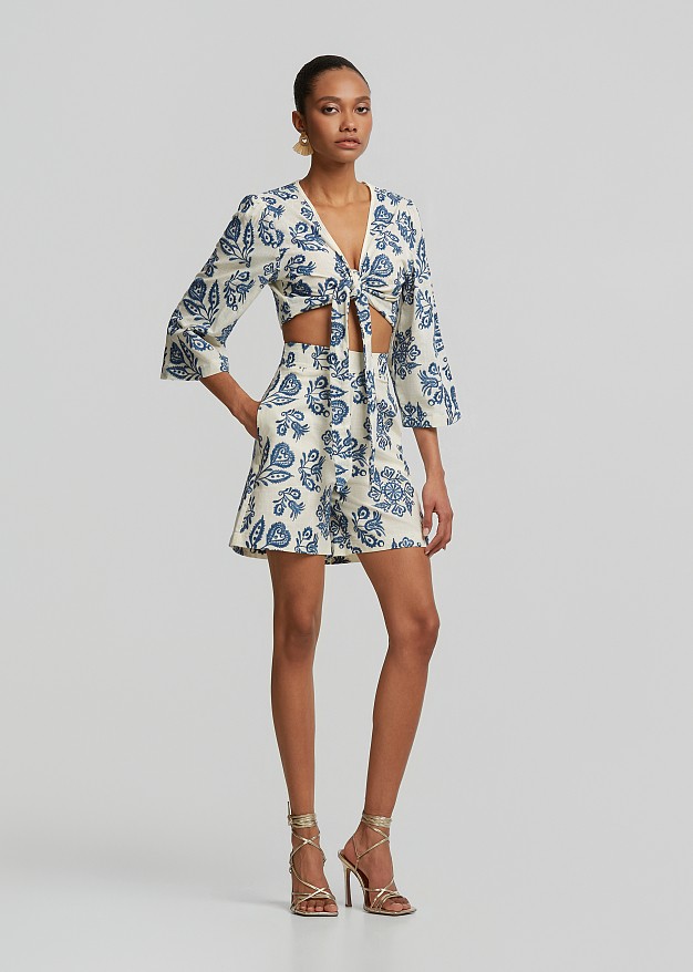 Blouse with printed embroidery in a linen look