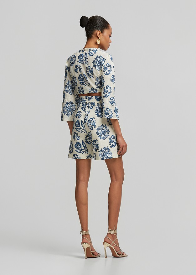 Blouse with printed embroidery in a linen look