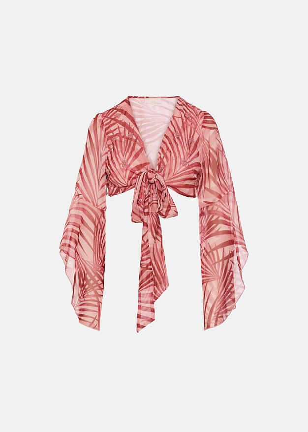 Printed top with a tie and bell sleeves