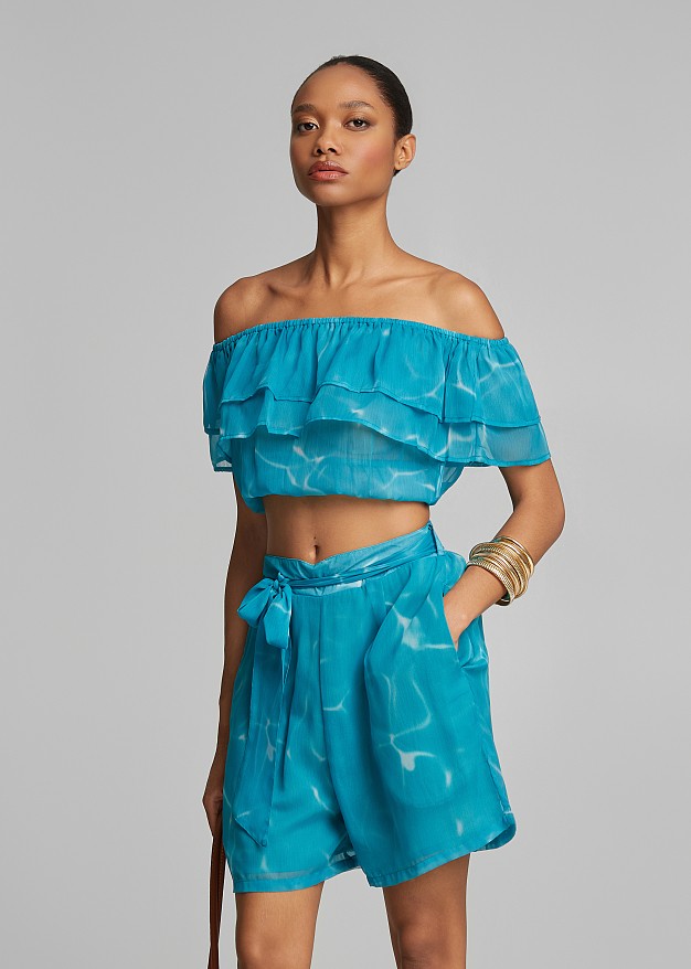 Off-shoulder batik print blouse