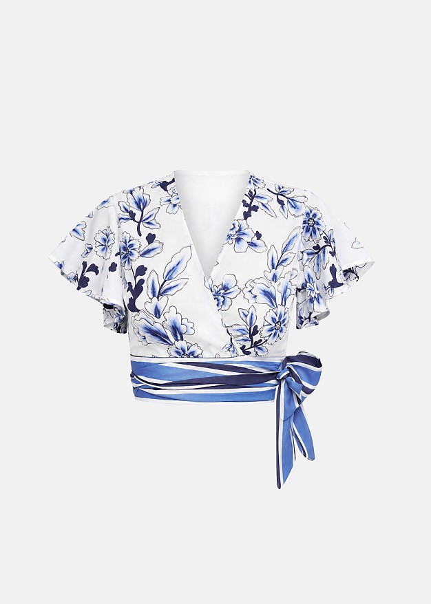 Printed cropped blouse with contrast tie details