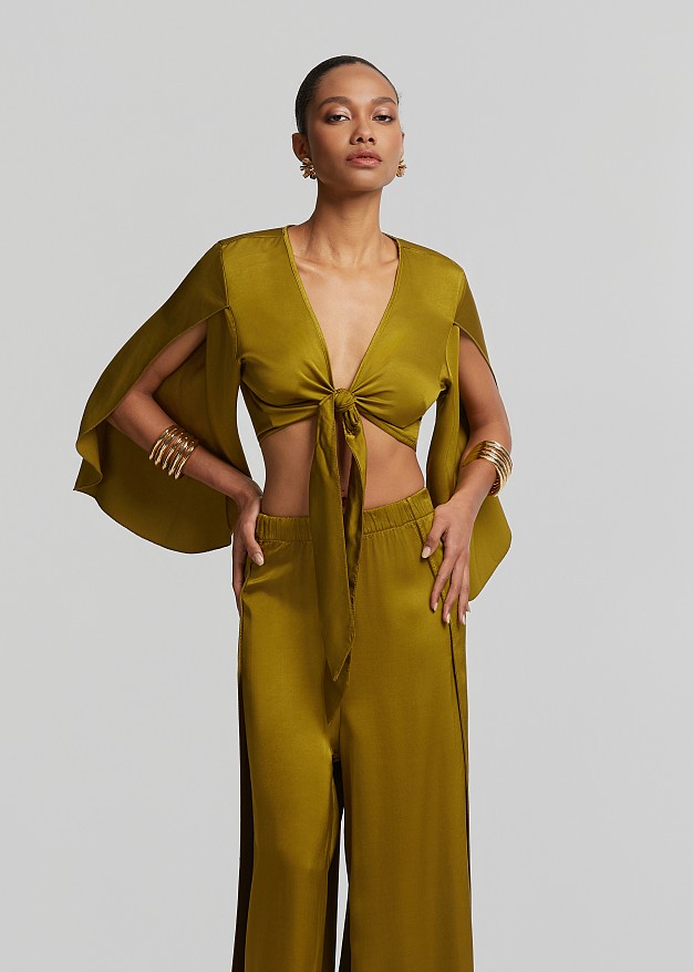 Satin-look top with a front tie