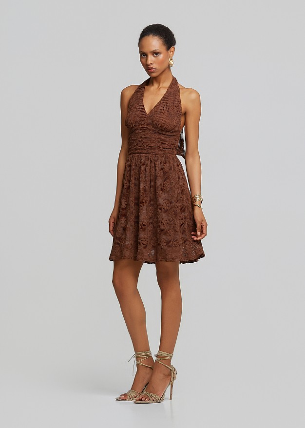 Lace mini dress with halter neck tie