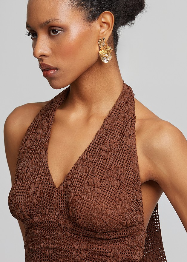 Lace mini dress with halter neck tie