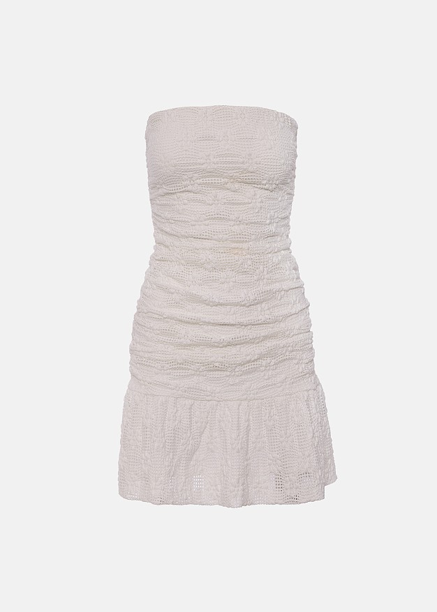 Rochie fără bretele cu dantelă și volane