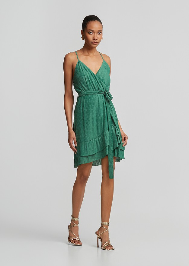 Wrap mini dress in asymmetric ruffles