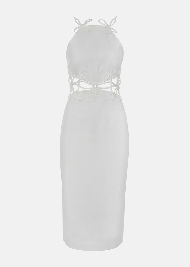 Linen midi pencil dress with embossed lace