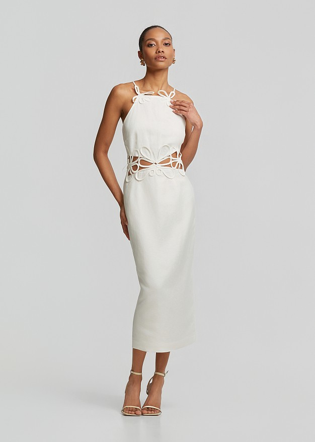 knee length dresses for ladies Women's Delphine Pencil Round Neck Silk Lace Midi Dress S/M/L/Xl Ivory White Mean Blvd Ivory White / M main image 1
