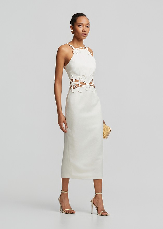Linen midi pencil dress with embossed lace