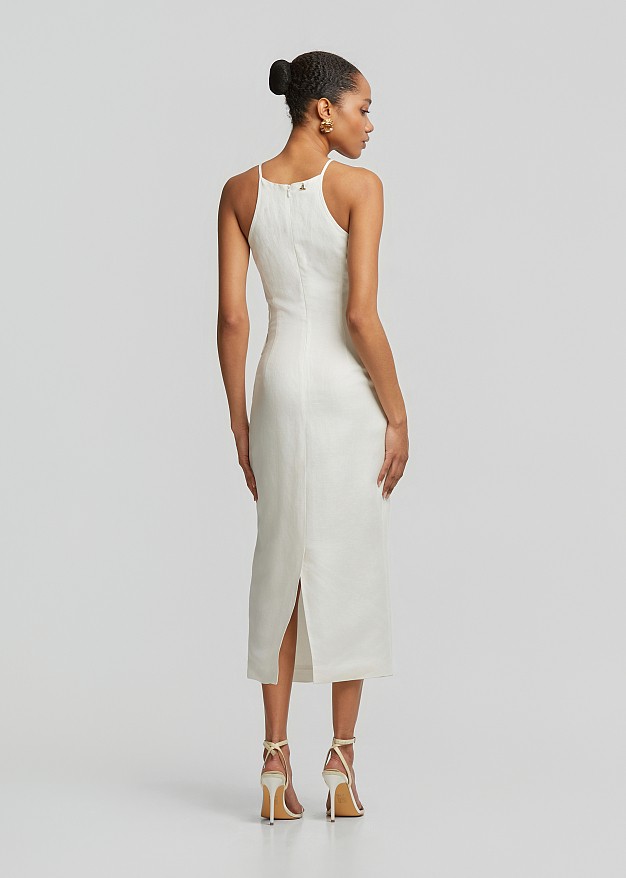 Linen midi pencil dress with embossed lace