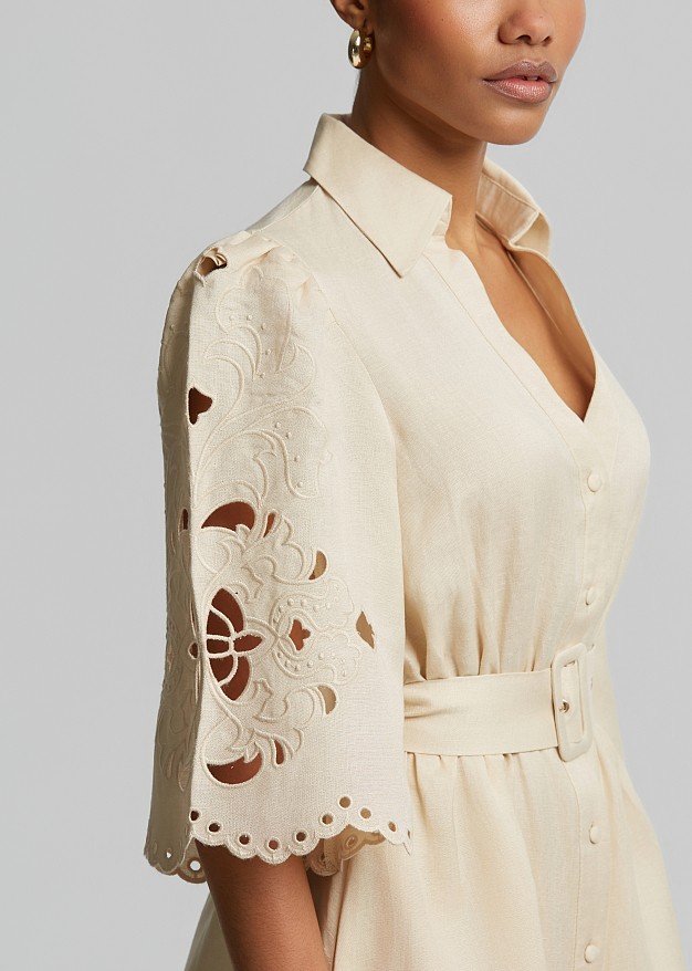 Rochie-cămașă midi cu in și dantelă