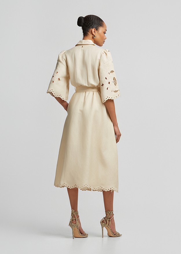 Rochie-cămașă midi cu in și dantelă