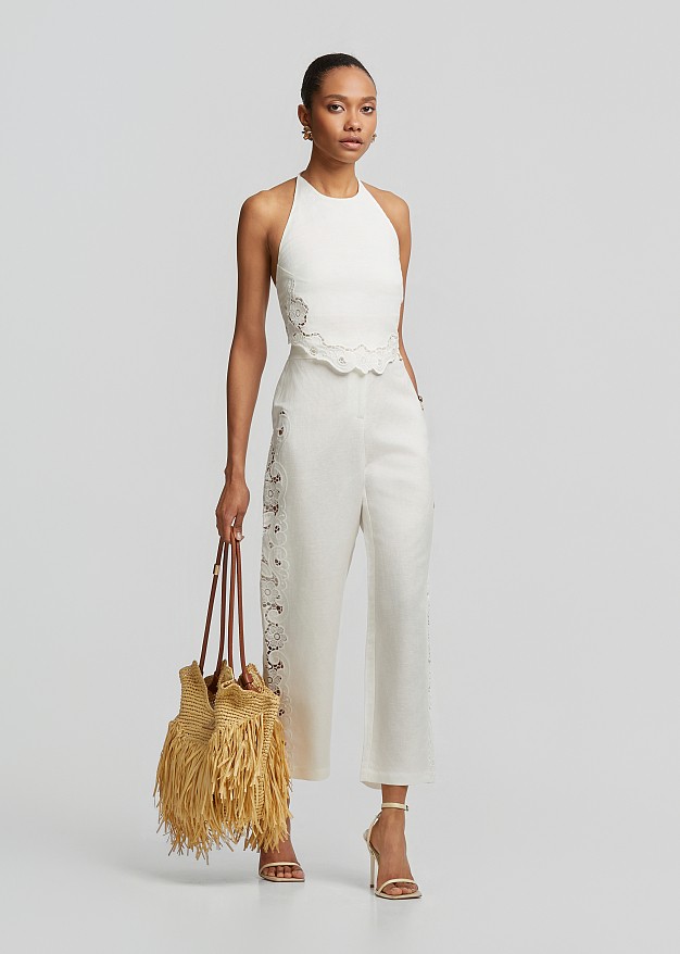 High-waisted trousers with a linen-look finish