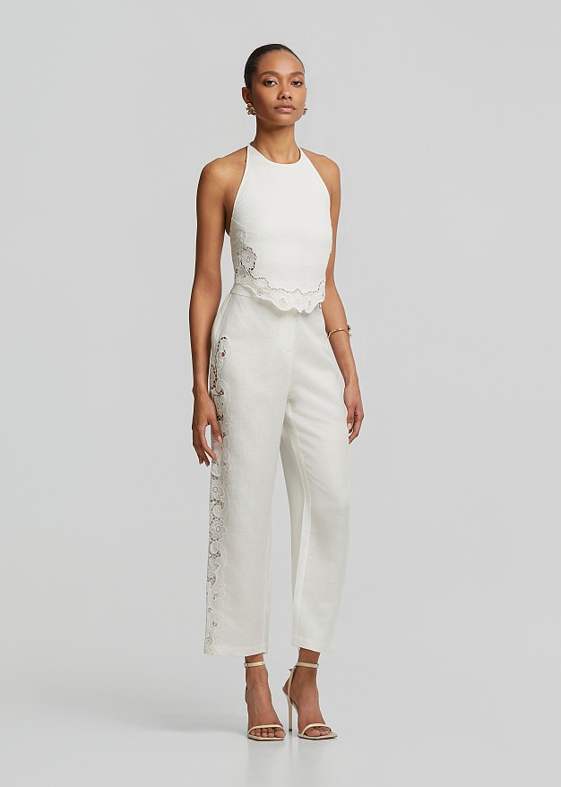 High-waisted trousers with a linen-look finish