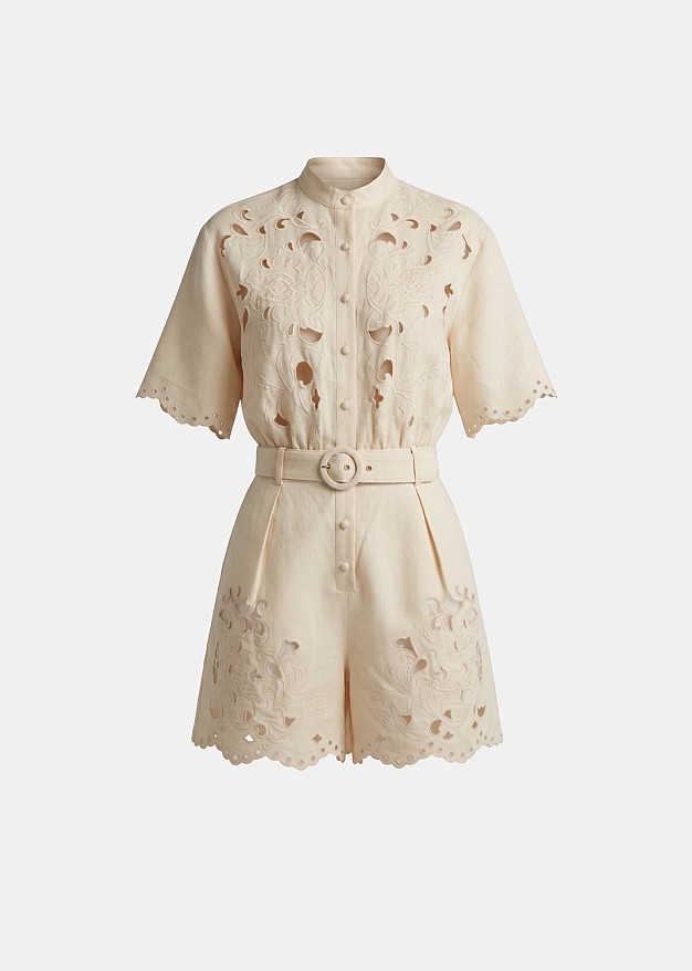 Linen playsuit with decorative lace