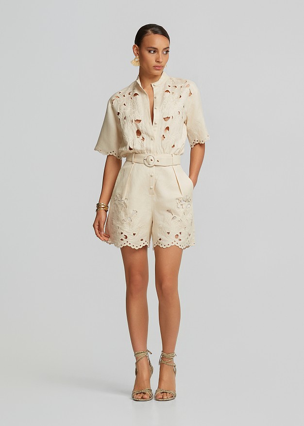 Linen playsuit with decorative lace