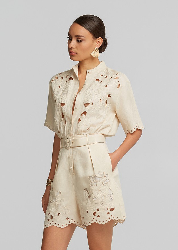 Linen playsuit with decorative lace