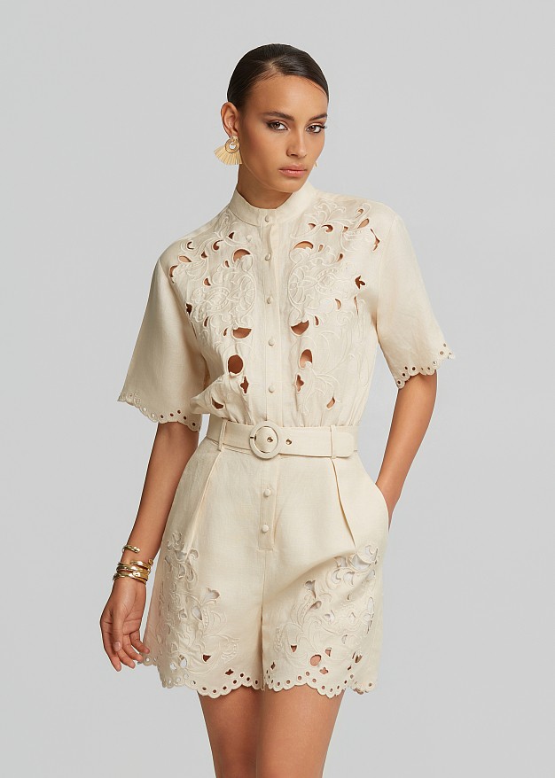 Linen playsuit with decorative lace