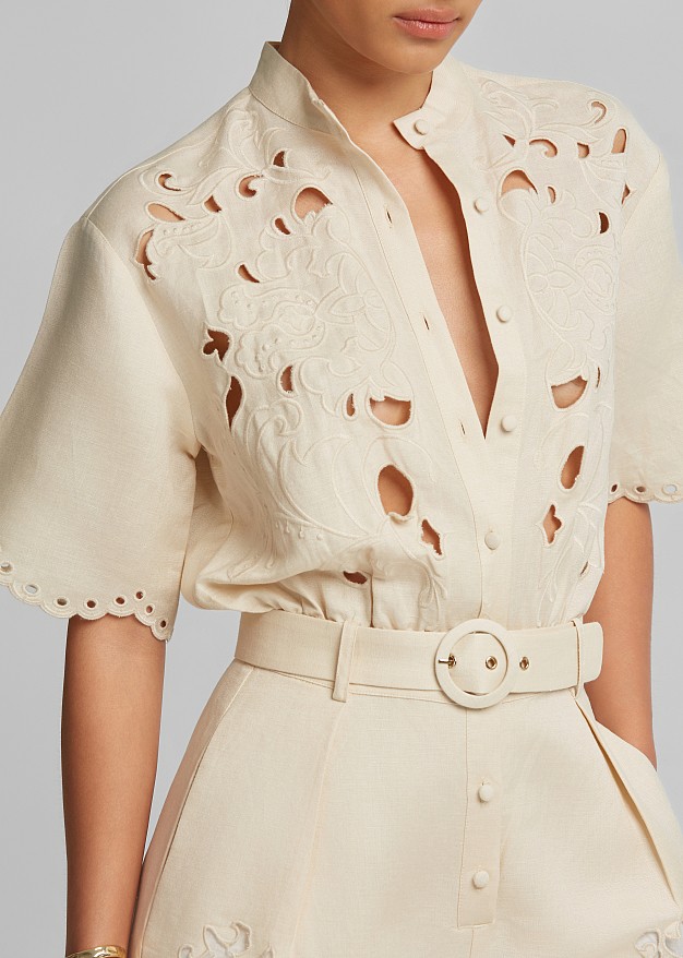 Linen playsuit with decorative lace