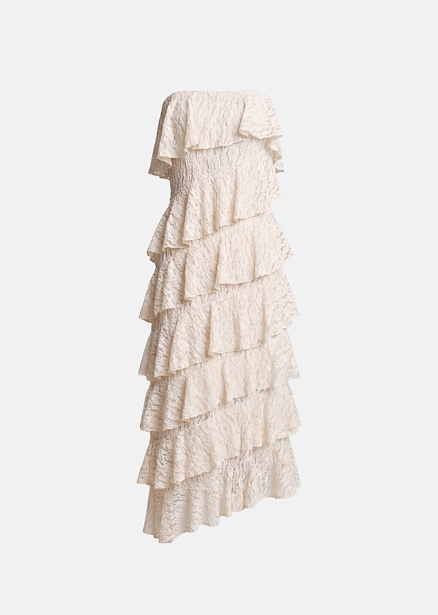 Maxi strapless lace dress with multiple ruffles