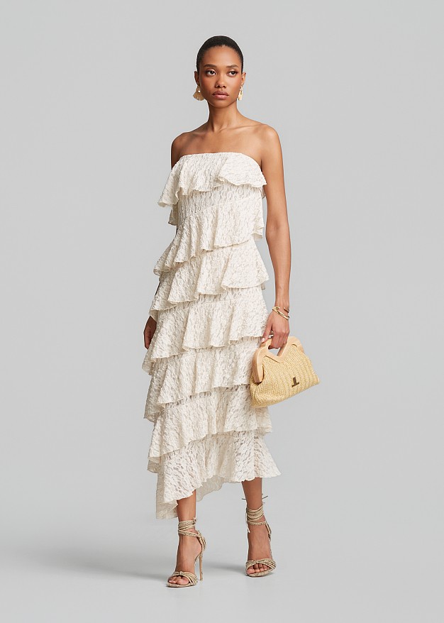 Maxi strapless lace dress with multiple ruffles | LYNNE
