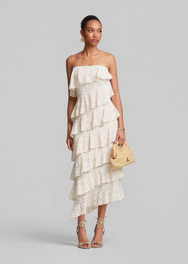 Maxi strapless lace dress with multiple ruffles
