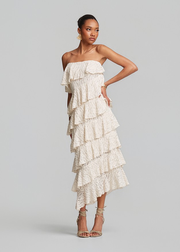 Maxi strapless lace dress with multiple ruffles