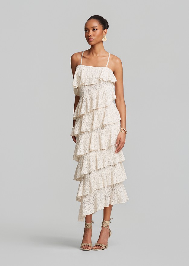 Maxi strapless lace dress with multiple ruffles