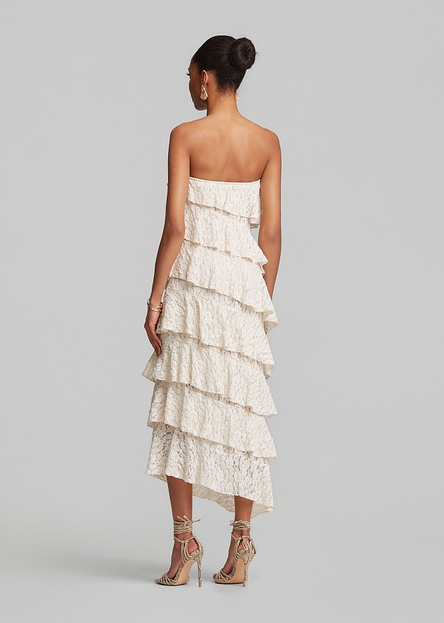 Maxi strapless lace dress with multiple ruffles