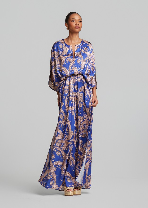 Rochie lungă cu print și aspect satinat