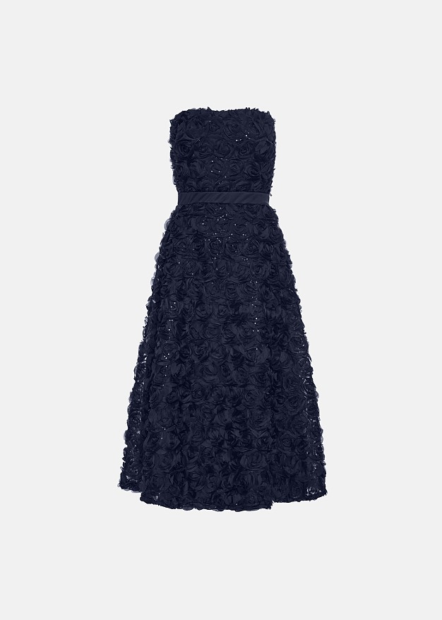 Strapless midi dress with appliqué flowers