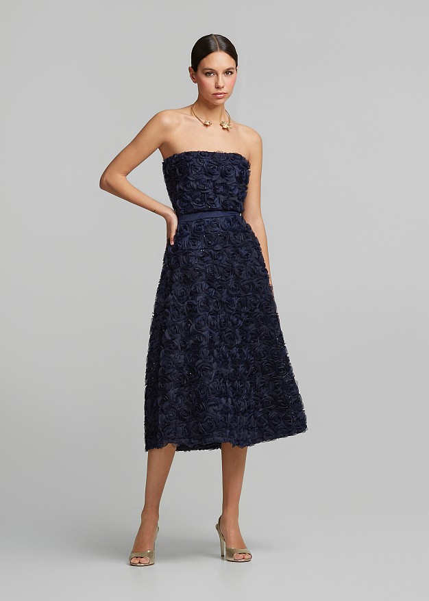 Strapless midi dress with appliqué flowers