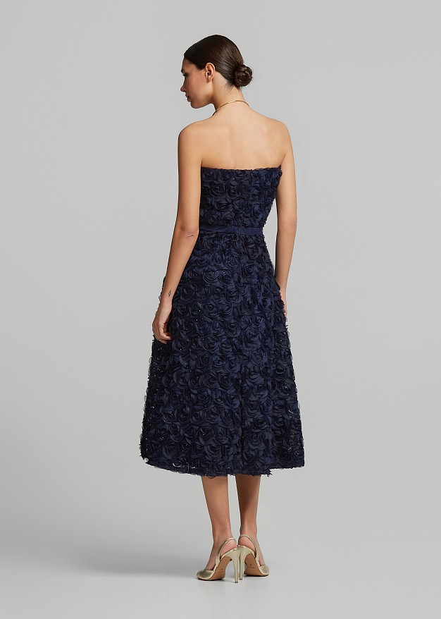 Strapless midi dress with appliqué flowers