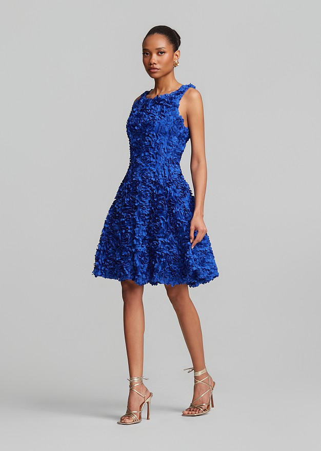 Midi flared dress with appliqué flowers