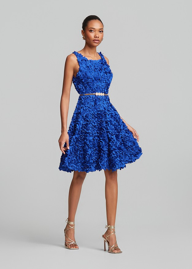 Midi flared dress with appliqué flowers