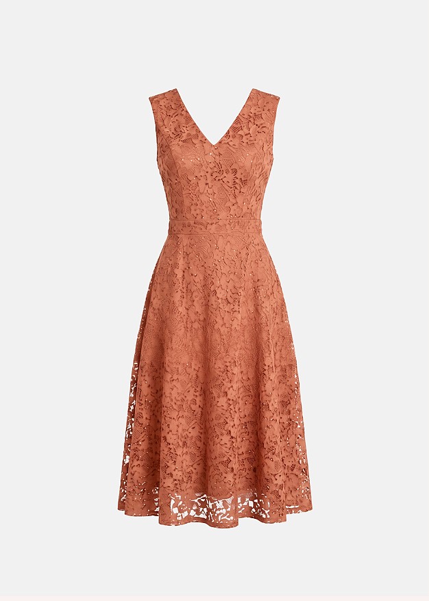 Midi flared lace dress in sequins and V-neckline