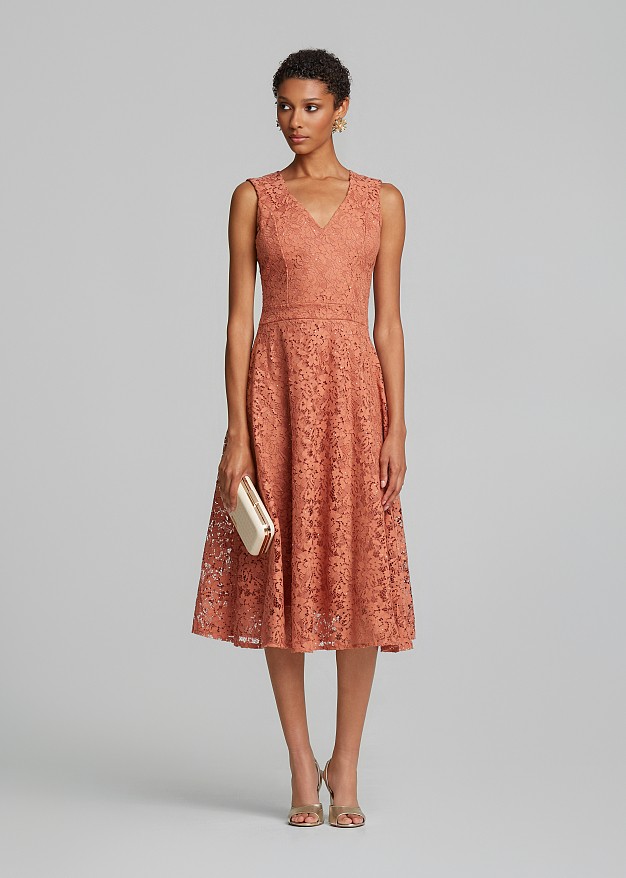 Midi flared lace dress in sequins and V-neckline