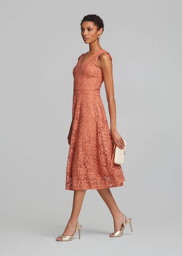 Midi flared lace dress in sequins and V-neckline