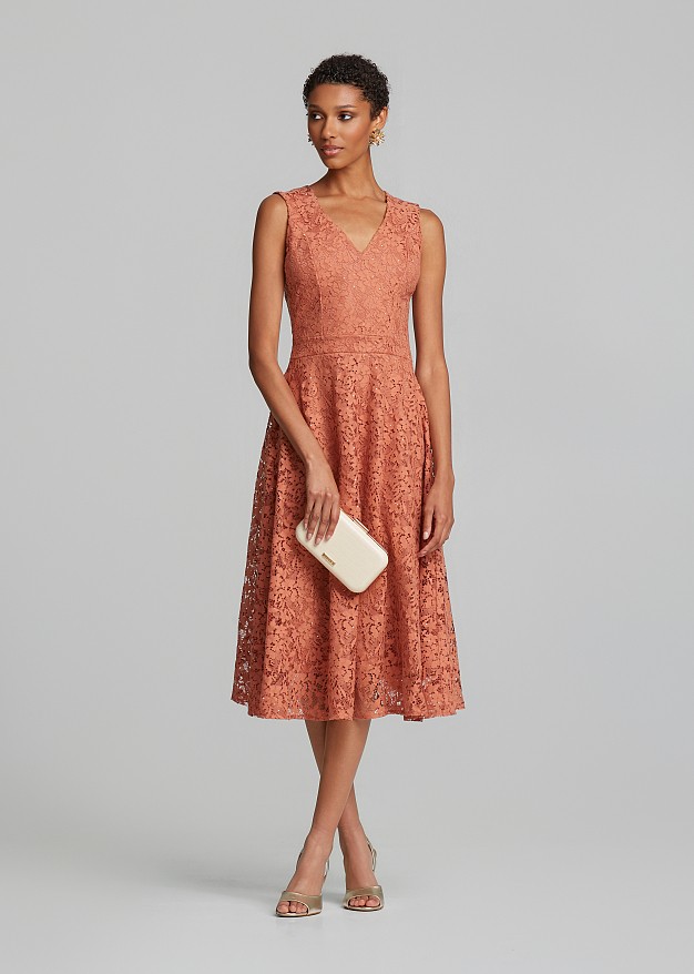 Midi flared lace dress in sequins and V-neckline