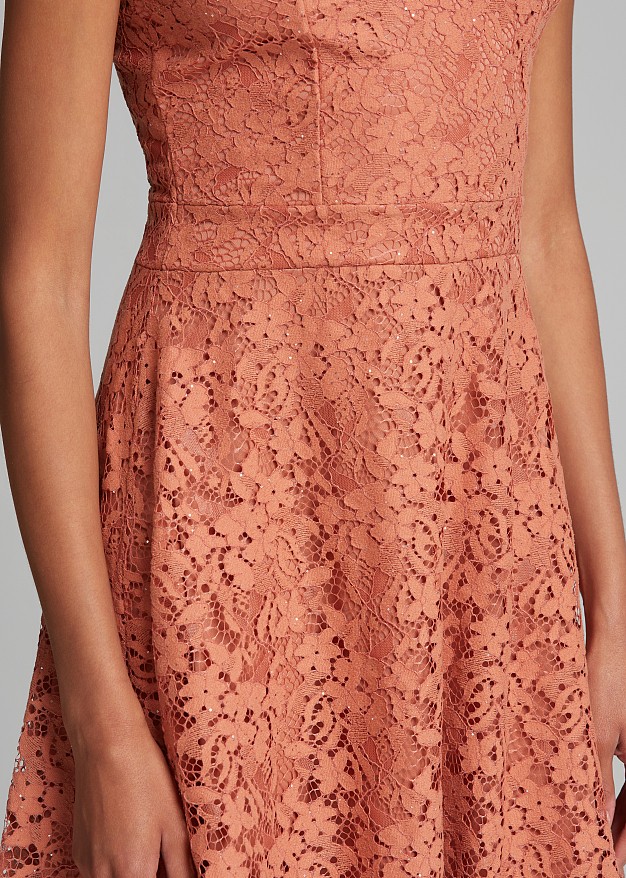 Midi flared lace dress in sequins and V-neckline