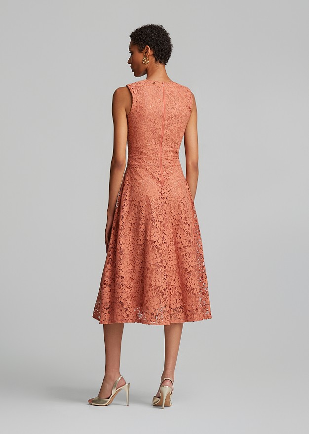 Midi flared lace dress in sequins and V-neckline