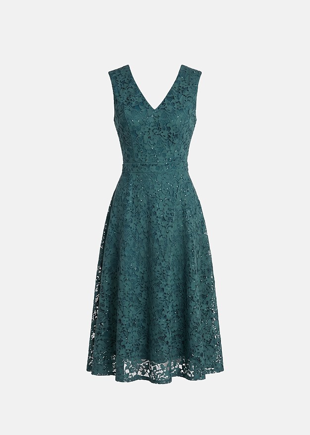 Midi flared lace dress in sequins and V-neckline | LYNNE