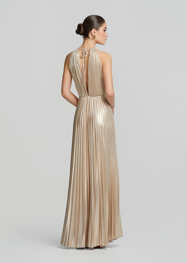Metallic pleated maxi dress with a halter-neck tie | LYNNE