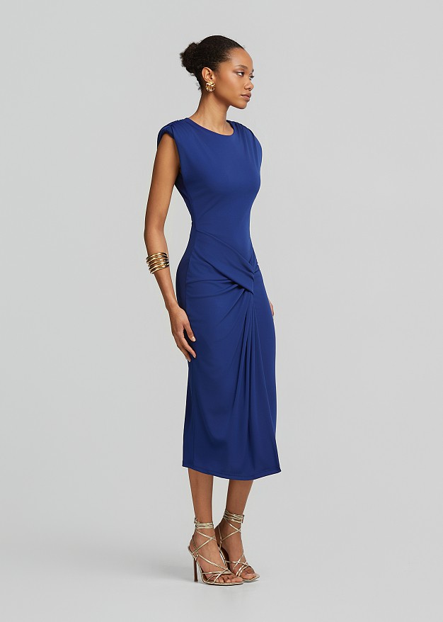 Midi dress with a side tie and structured shoulders