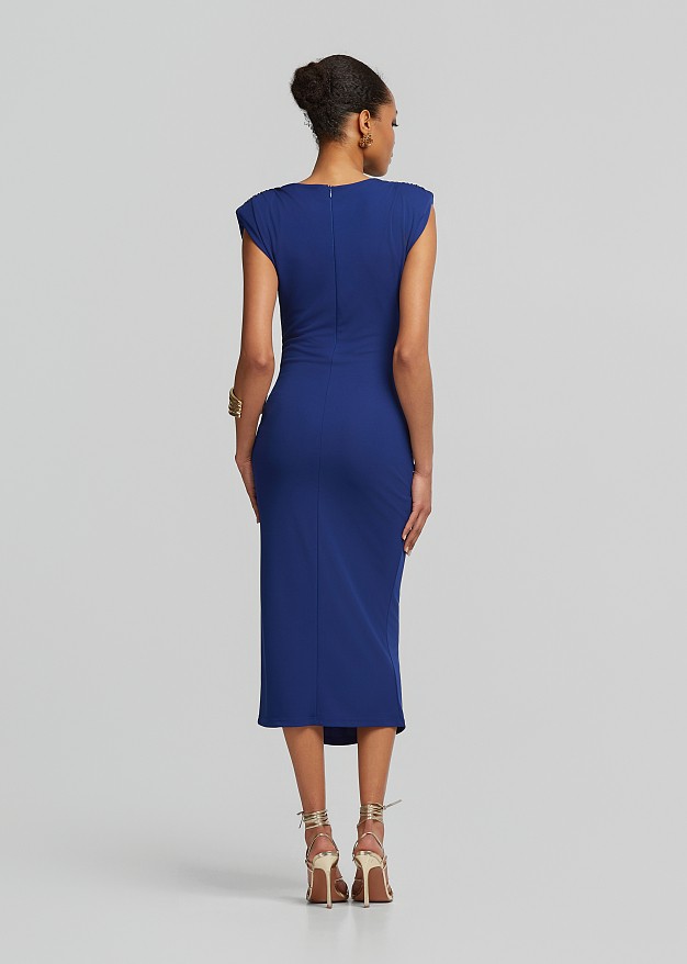 Midi dress with a side tie and structured shoulders