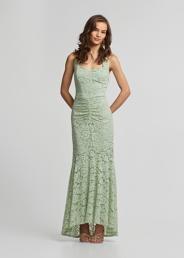 Maxi fitted lace dress with ruched detailing