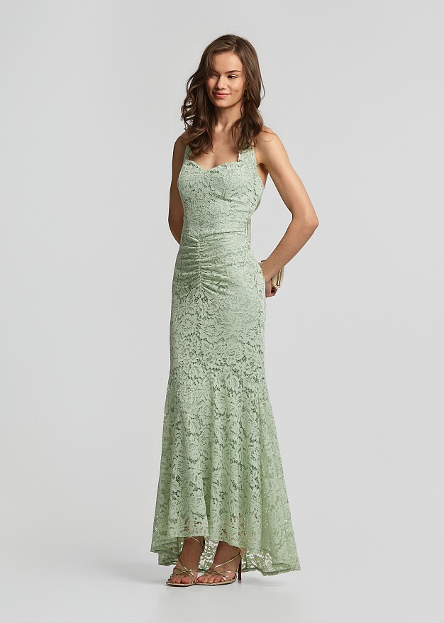 Maxi fitted lace dress with ruched detailing