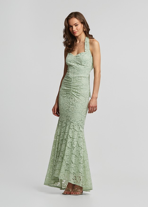 Maxi fitted lace dress with ruched detailing
