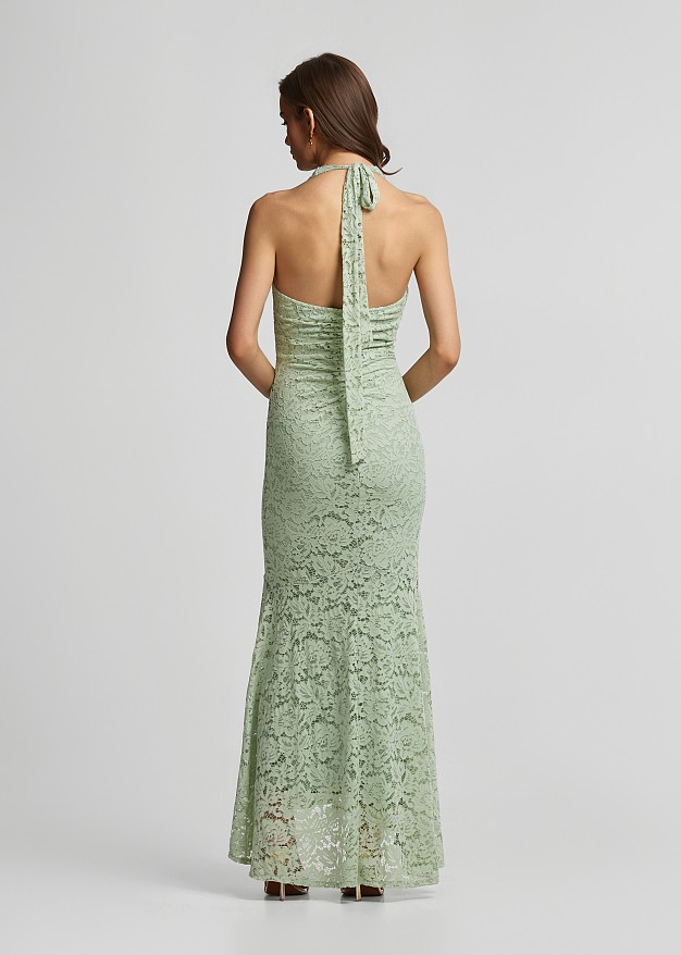Maxi fitted lace dress with ruched detailing