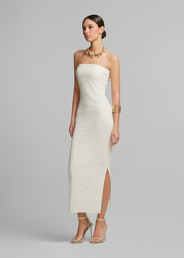 Rochie midi fără bretele cu dantelă